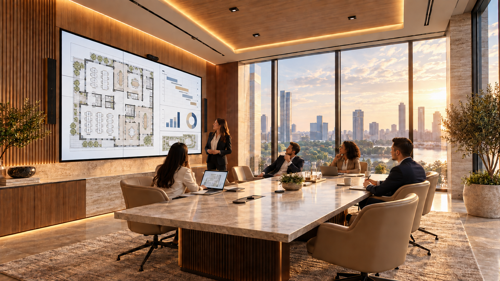 Conceptual executive conference room with a team reviewing workplace plans on an integrated display