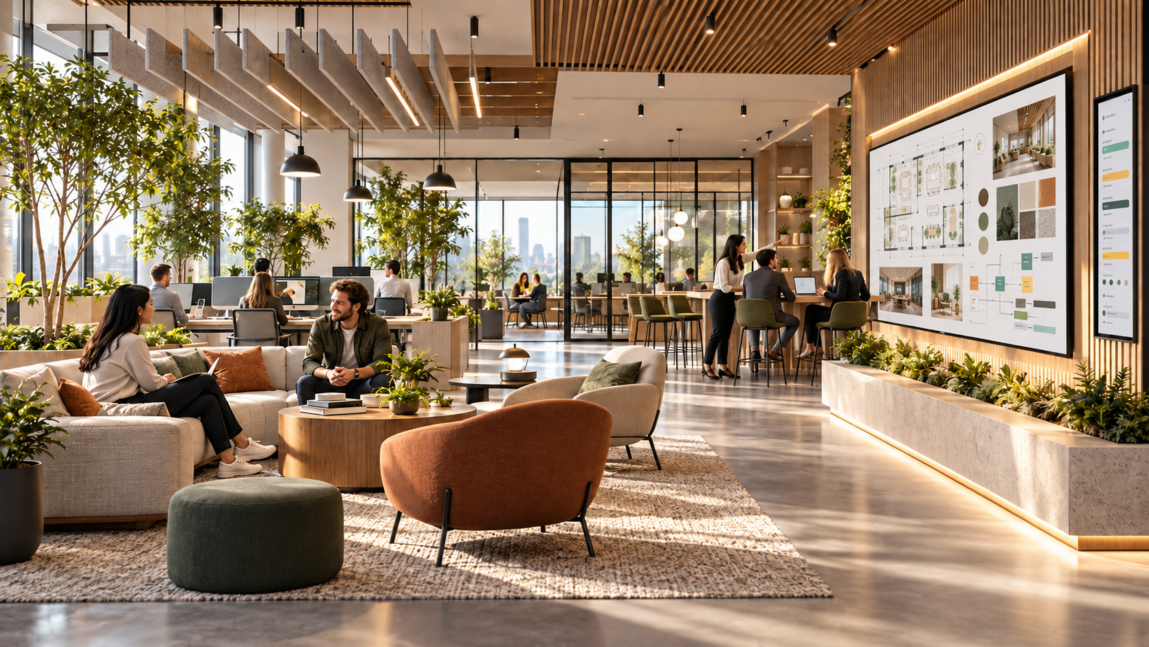 Conceptual open workplace where a team reviews plans on an integrated wall display